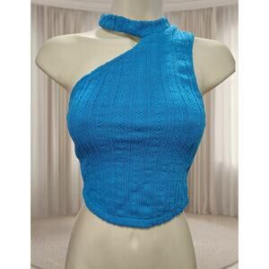 ZARA Women's Crop Top Sz S / Small, blue knit keyhole top